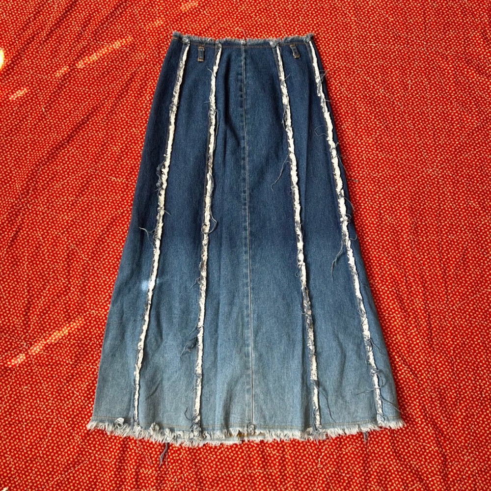 Vintage 90s does 70s Style Denim Maxi Skirt Frayed Seams Ombre Blue Small
